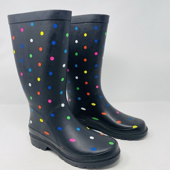 Sugar Womens Size 6M Raffle Tall Rubber Rain Boots in Black Fiesta Polka Dot $65 - Picture 3 of 9